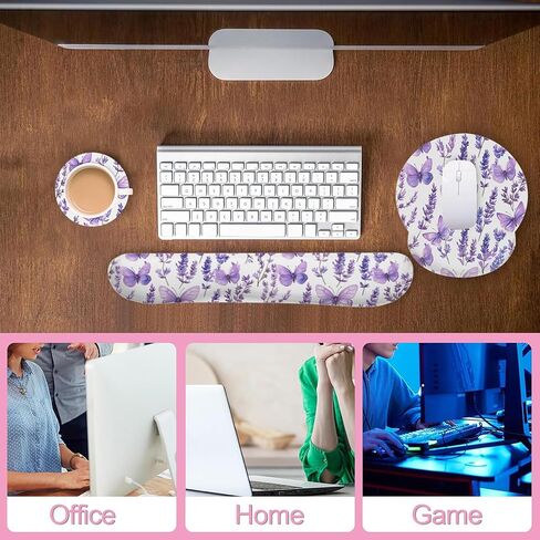 Lavender Butterfly Mouse Pad with Wrist Rest and Keyboard Wrist Rest Set, Non-Slip Rubber Base Memory Foam Mouse Pad Set for Women, Office Desk Accessories, Gaming in Saudi Arabia