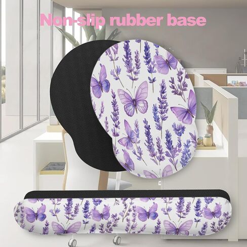 Lavender Butterfly Mouse Pad with Wrist Rest and Keyboard Wrist Rest Set, Non-Slip Rubber Base Memory Foam Mouse Pad Set for Women, Office Desk Accessories, Gaming in Saudi Arabia