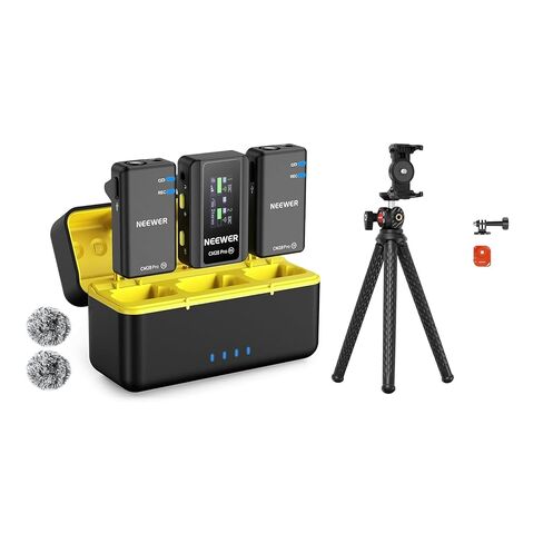 NEEWER CM28 PRO Wireless Lavalier Lapel Microphone System + TP34 Flexible Phone & Came Tripod Stand w/Remote Action Cam Adapter, 656ft/200m Range Mic Compatible with iPhone iPad Android Camera PC in Saudi Arabia