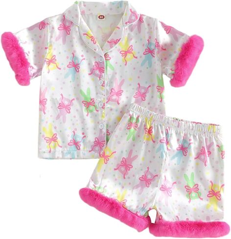 Toddler Baby Girl Easter Bunny Pajamas Kids Rabbit Easter Eggs Lapel Button Pajama Shorts Sleepwear Pjs Outfit in Saudi Arabia