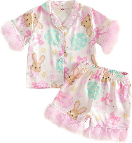 Toddler Baby Girl Easter Bunny Pajamas Kids Rabbit Easter Eggs Lapel Button Pajama Shorts Sleepwear Pjs Outfit in Saudi Arabia