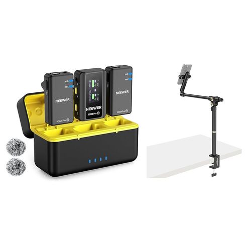 NEEWER CM28 PRO Wireless Lavalier Lapel Microphone System + Basics ST013 Overhead Desk Tripod Phone Mount Holder Stand, 656ft/200m Range Mic Compatible with iPhone iPad Android Camera PC in Saudi Arabia