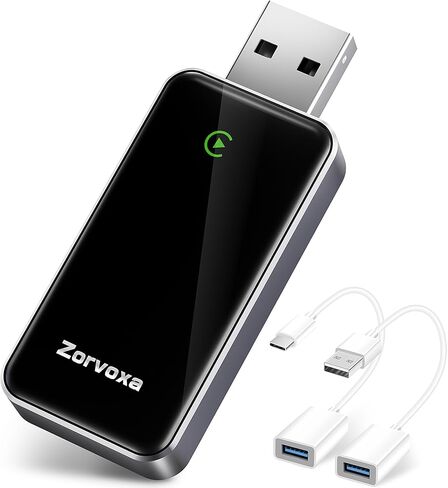 محول CarPlay اللاسلكي لهاتف iPhone - Zorvoxa 2025، يحول السلكي إلى CarPlay اللاسلكي، 5.8 جيجا هرتز WiFi وBluetooth 5.3، إعادة توصيل 3s، كابلات USB-A/C، التوصيل والتشغيل لسيارات 2016+ in Saudi Arabia