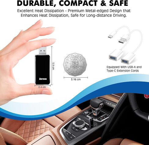 محول CarPlay اللاسلكي لهاتف iPhone - Zorvoxa 2025، يحول السلكي إلى CarPlay اللاسلكي، 5.8 جيجا هرتز WiFi وBluetooth 5.3، إعادة توصيل 3s، كابلات USB-A/C، التوصيل والتشغيل لسيارات 2016+ in Saudi Arabia