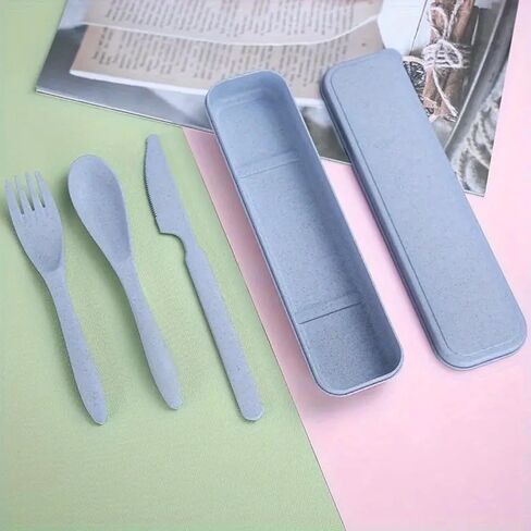 3-in-1 Camping Utensil Set BLUE – Reusable Travel Utensils with Portable Plastic Case – Ideal for Picnics, Camping & Everyday Use in Saudi Arabia