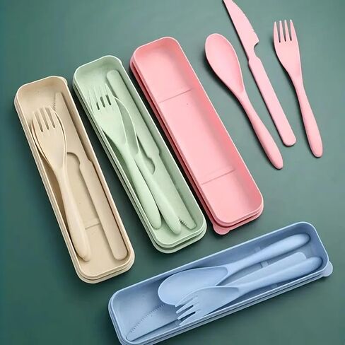 3-in-1 Camping Utensil Set BLUE – Reusable Travel Utensils with Portable Plastic Case – Ideal for Picnics, Camping & Everyday Use in Saudi Arabia