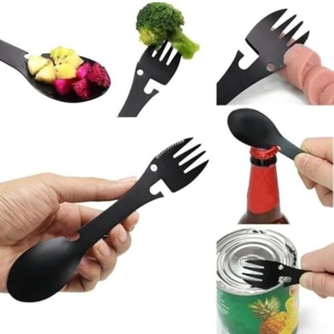 5-in-1 Camping Utensils Cutlery Stainless Steel Camping Fork K Nife Spoon Bottle Opener Set Multifunctional Camping Flatware in Saudi Arabia