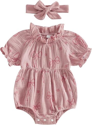 Newborn Baby Girl Clothes Bow Print Smocked Bubble Romper Cotton Linen Ruffle Onesie + Headband Cute Summer Clothes in Saudi Arabia