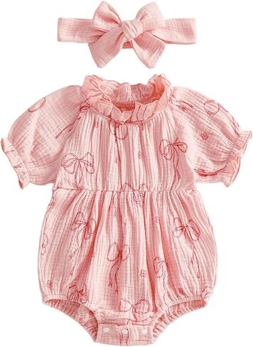 Newborn Baby Girl Clothes Bow Print Smocked Bubble Romper Cotton Linen Ruffle Onesie + Headband Cute Summer Clothes in Saudi Arabia