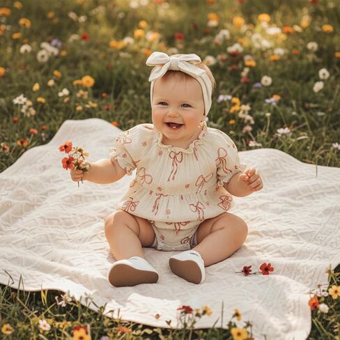 Newborn Baby Girl Clothes Bow Print Smocked Bubble Romper Cotton Linen Ruffle Onesie + Headband Cute Summer Clothes in Saudi Arabia