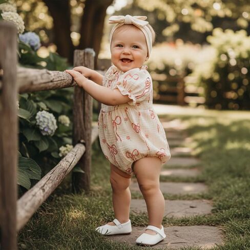 Newborn Baby Girl Clothes Bow Print Smocked Bubble Romper Cotton Linen Ruffle Onesie + Headband Cute Summer Clothes in Saudi Arabia