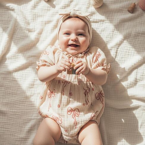 Newborn Baby Girl Clothes Bow Print Smocked Bubble Romper Cotton Linen Ruffle Onesie + Headband Cute Summer Clothes in Saudi Arabia