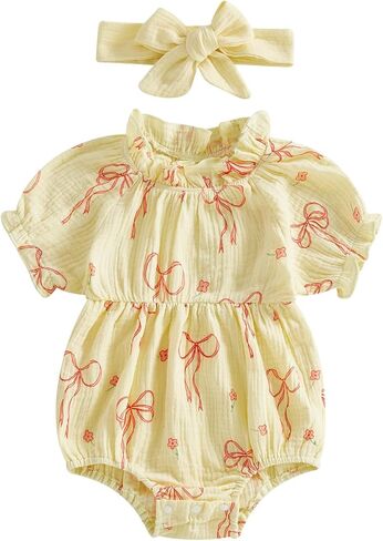 Newborn Baby Girl Clothes Bow Print Smocked Bubble Romper Cotton Linen Ruffle Onesie + Headband Cute Summer Clothes in Saudi Arabia