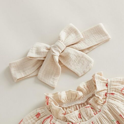 Newborn Baby Girl Clothes Bow Print Smocked Bubble Romper Cotton Linen Ruffle Onesie + Headband Cute Summer Clothes in Saudi Arabia