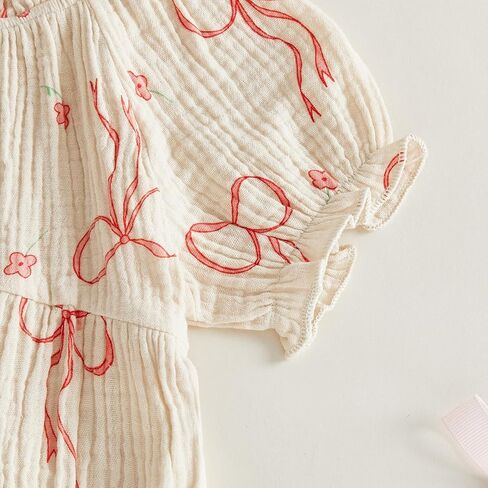 Newborn Baby Girl Clothes Bow Print Smocked Bubble Romper Cotton Linen Ruffle Onesie + Headband Cute Summer Clothes in Saudi Arabia