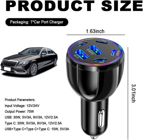 شاحن سيارة بـ 6 منافذ USB C وUSB A، محول شاحن سيارة فائق السرعة بقدرة 75 وات مع Super/PD30W/PD/3.1A، ومحول ولاعة سيارات عالمي 12 فولت/24 فولت ومحول USB لمنافذ السيارات وشواحن الهاتف والكمبيوتر اللوحي in Saudi Arabia