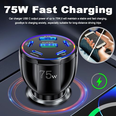 شاحن سيارة بـ 6 منافذ USB C وUSB A، محول شاحن سيارة فائق السرعة بقدرة 75 وات مع Super/PD30W/PD/3.1A، ومحول ولاعة سيارات عالمي 12 فولت/24 فولت ومحول USB لمنافذ السيارات وشواحن الهاتف والكمبيوتر اللوحي in Saudi Arabia