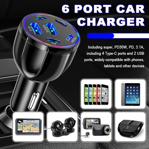 شاحن سيارة بـ 6 منافذ USB C وUSB A، محول شاحن سيارة فائق السرعة بقدرة 75 وات مع Super/PD30W/PD/3.1A، ومحول ولاعة سيارات عالمي 12 فولت/24 فولت ومحول USB لمنافذ السيارات وشواحن الهاتف والكمبيوتر اللوحي in Saudi Arabia