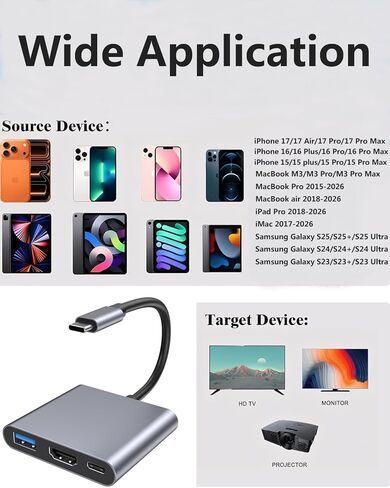 [معتمد من MFi] محول USB C إلى HDMI 4K@60 هرتز 3 في 1 لهاتف iPhone 17/16/15، محول من النوع C إلى HDMI مع منفذ شحن PD 100 وات، USB 3.1 متوافق مع MacBook Pro/Air iPad Pro إلى شاشة عرض التلفزيون in Kuwait