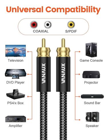 VANAUX Subwoofer Cable Digital Audio Coaxial Cable [24K Gold Plated Connectors] S/PDIF RCA to RCA Cable for Home Theater, Soundbar, Projector, Gaming Console, Amplifier, Speaker (3feet/1m) in Saudi Arabia