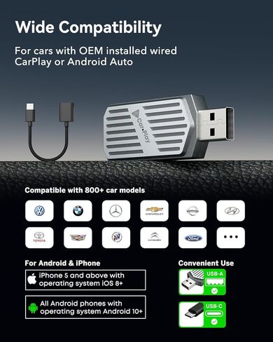 Wireless CarPlay Adapter 2026 Mini 2-in-1 for iPhone & Android Auto, Convert Wired to Wireless Car Play Dongle, USB/Type-C Plug & Play, Fast Auto Connect, for Apple iOS 8+, Android 10+ in Kuwait