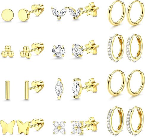 JeryWe 12Pairs Flat Back Earrings Surgical Steel Earrings for Sensitive Ears Dainty 14K Gold Plated Flat Back Stud Earring Set Hypoallergenic in Saudi Arabia