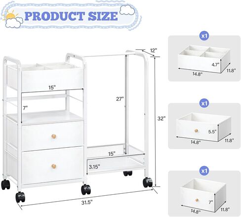 منظم علبة حفاضات الأطفال مع رف معلق، عربة أدوات حفاضات دوارة مع فواصل وأدراج لتخزين أساسيات الطفل، عربة بجانب السرير مع عجلات لمحطة تغيير الحفاضات، سرير الأطفال، الحضانة، غرفة النوم in Kuwait