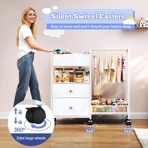 منظم علبة حفاضات الأطفال مع رف معلق، عربة أدوات حفاضات دوارة مع فواصل وأدراج لتخزين أساسيات الطفل، عربة بجانب السرير مع عجلات لمحطة تغيير الحفاضات، سرير الأطفال، الحضانة، غرفة النوم in Kuwait