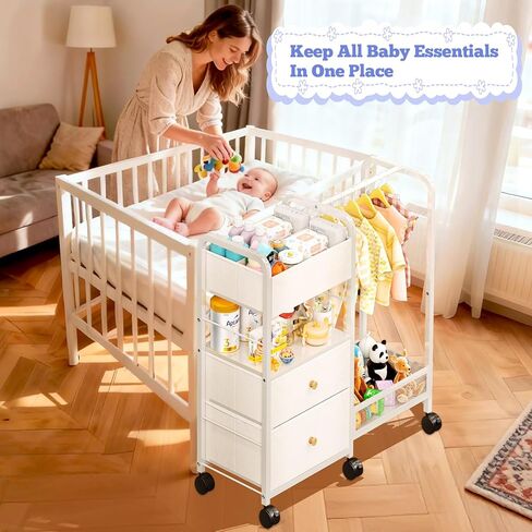 منظم علبة حفاضات الأطفال مع رف معلق، عربة أدوات حفاضات دوارة مع فواصل وأدراج لتخزين أساسيات الطفل، عربة بجانب السرير مع عجلات لمحطة تغيير الحفاضات، سرير الأطفال، الحضانة، غرفة النوم in Kuwait