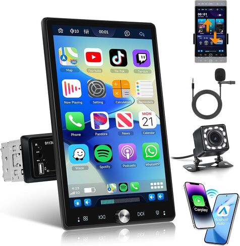 10.4 بوصة سيارة ستيريو واحدة Din لاسلكية Carplay تعمل باللمس، راديو سيارة Rimoody عمودي قابل للفصل مع بلوتوث راديو FM مرآة وصلة TF/USB/AUX مدخل مشغل وسائط السيارة + كاميرا احتياطية in Kuwait