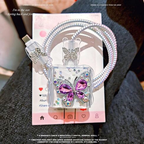 Cute Charging Cord Protector for iPhone Charger,Elegant 3D Diamond Butterfly for Women Girl,Wave Shape Cable Protector,Wire Cord Saver,Cable Charger Protector Cover for iPhone 14 15 16 Pro Max-Purple in Saudi Arabia