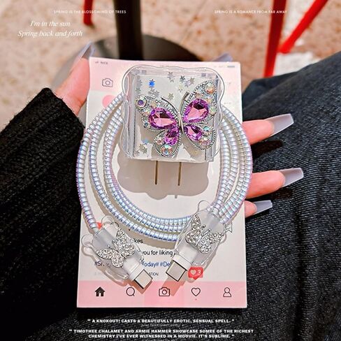 Cute Charging Cord Protector for iPhone Charger,Elegant 3D Diamond Butterfly for Women Girl,Wave Shape Cable Protector,Wire Cord Saver,Cable Charger Protector Cover for iPhone 14 15 16 Pro Max-Purple in Saudi Arabia