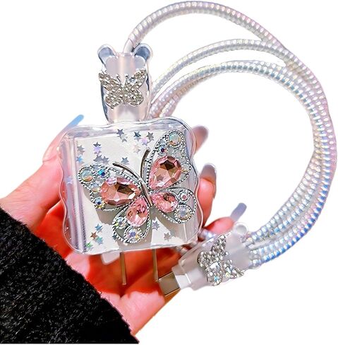 Cute Charging Cord Protector for iPhone Charger,Elegant 3D Diamond Butterfly for Women Girl,Wave Shape Cable Protector,Wire Cord Saver,Cable Charger Protector Cover for iPhone 14 15 16 Pro Max-Purple in Saudi Arabia