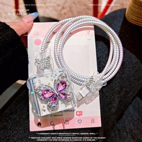Cute Charging Cord Protector for iPhone Charger,Elegant 3D Diamond Butterfly for Women Girl,Wave Shape Cable Protector,Wire Cord Saver,Cable Charger Protector Cover for iPhone 14 15 16 Pro Max-Purple in Saudi Arabia