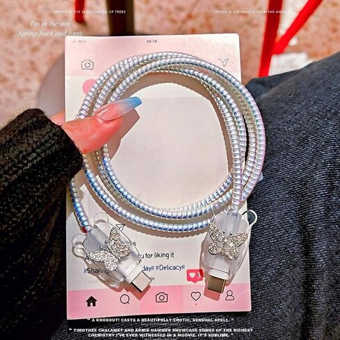 Cute Charging Cord Protector for iPhone Charger,Elegant 3D Diamond Butterfly for Women Girl,Wave Shape Cable Protector,Wire Cord Saver,Cable Charger Protector Cover for iPhone 14 15 16 Pro Max-Purple in Saudi Arabia
