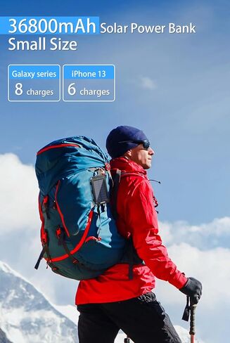 بنك الطاقة لشاحن الطاقة الشمسية من WONGKUO - شاحن هاتف بالطاقة الشمسية بقدرة 36800 مللي أمبير في الساعة، شاحن سريع QC3.0 مع مصباح يدوي LED، بنك طاقة محمول مقاوم للماء IP65 للأنشطة الخارجية (أزرق) in Kuwait