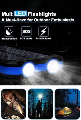 بنك الطاقة لشاحن الطاقة الشمسية من WONGKUO - شاحن هاتف بالطاقة الشمسية بقدرة 36800 مللي أمبير في الساعة، شاحن سريع QC3.0 مع مصباح يدوي LED، بنك طاقة محمول مقاوم للماء IP65 للأنشطة الخارجية (أزرق) in Kuwait