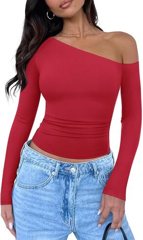 REORIA Womens 2025 Fall Fashion Long Sleeve Shirts Double Lined Casual Slim Fitted Off The Shoulder Tops in Saudi Arabia