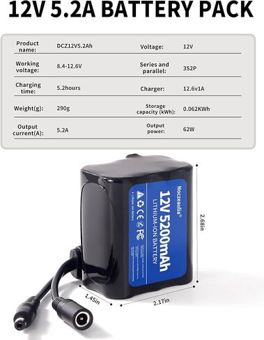12V 5.2Ah Lithium Battery Pack with 12.6V 1A Charger, 12V Rechargeable Battery for LED Strips and DIY Projects Black in Saudi Arabia
