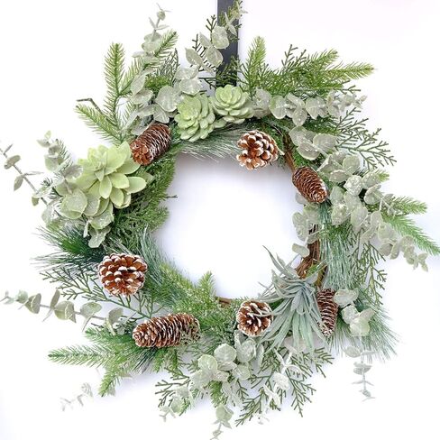 22" Green lamb's Leaves Wreaths for Front Door Winter Wreath with Pine Cones Shells Satin Bow Bells,Artificial Wreath for Indoor Outdoor Farmhouse Home Porch Wall Window Festival Wedding Decor in Saudi Arabia