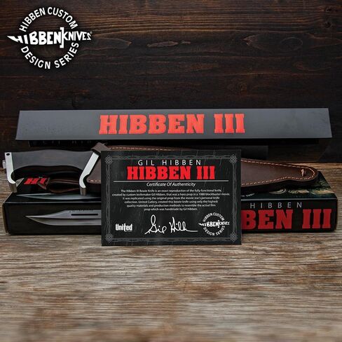 سكين جيل هيبن بالحجم الكامل Hibben III باوي | 1988 استنساخ رامبو | غمد جلدي متضمن | شفرة 7Cr13 من الفولاذ المقاوم للصدأ | مقبض خشبي | الطول الإجمالي 17.75 بوصة in Kuwait
