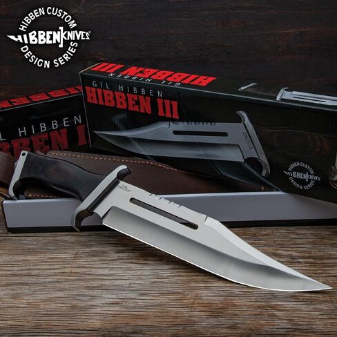سكين جيل هيبن بالحجم الكامل Hibben III باوي | 1988 استنساخ رامبو | غمد جلدي متضمن | شفرة 7Cr13 من الفولاذ المقاوم للصدأ | مقبض خشبي | الطول الإجمالي 17.75 بوصة in Kuwait