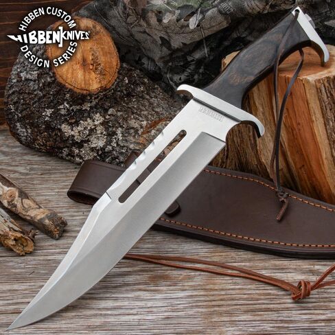 سكين جيل هيبن بالحجم الكامل Hibben III باوي | 1988 استنساخ رامبو | غمد جلدي متضمن | شفرة 7Cr13 من الفولاذ المقاوم للصدأ | مقبض خشبي | الطول الإجمالي 17.75 بوصة in Kuwait