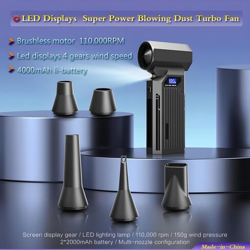 Portable 150W Super Power Turbo Fan Blowing duster-110000RPM led displays 4 Gears Wind Speed,brushless Motor is Durable, Inflating with LED Lighting, Car Cordless Air Duster Rechargeable.Black in Saudi Arabia
