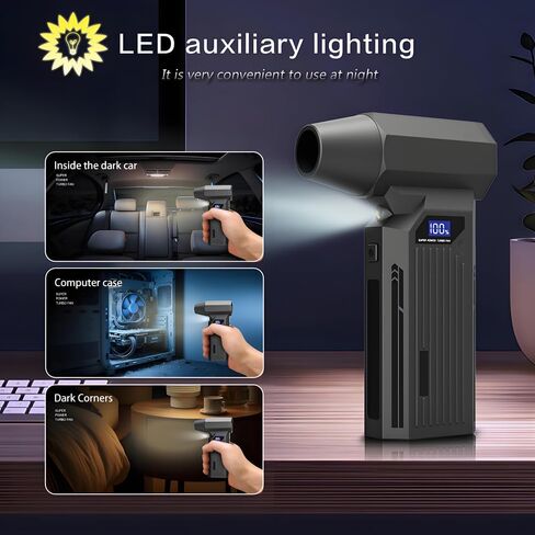 Portable 150W Super Power Turbo Fan Blowing duster-110000RPM led displays 4 Gears Wind Speed,brushless Motor is Durable, Inflating with LED Lighting, Car Cordless Air Duster Rechargeable.Black in Saudi Arabia