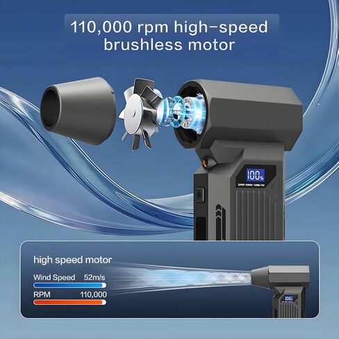 Portable 150W Super Power Turbo Fan Blowing duster-110000RPM led displays 4 Gears Wind Speed,brushless Motor is Durable, Inflating with LED Lighting, Car Cordless Air Duster Rechargeable.Black in Saudi Arabia