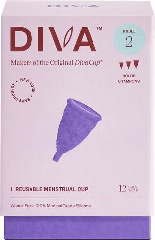 كأس DIVA موديل 2 وحقيبة - كوب سيليكون طبي للعناية بالدورة الشهرية - كأس حيض قابل لإعادة الاستخدام - ما يصل إلى 12 ساعة من الارتداء - موديل 2 (للقنوات المهبلية الواسعة، بعد الولادة والأعمار 35+) بالإضافة إلى حقيبة DivaPouch الرجعية in Kuwait