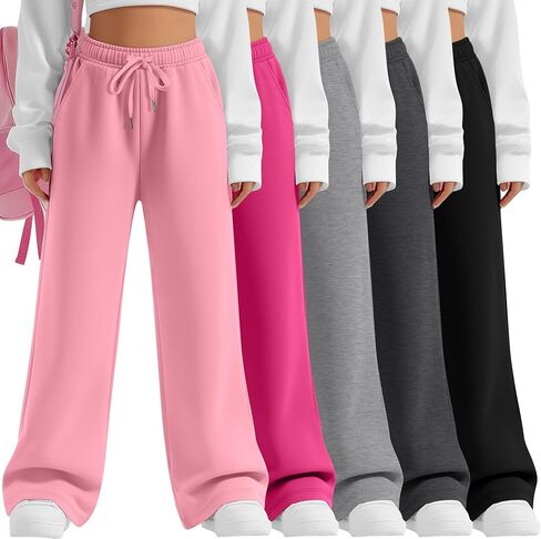 عبوة من 5 سراويل رياضية للفتيات بأرجل واسعة ورباط كاجوال للأطفال مفتوحة من الأسفل وفضفاضة للمراهقين مع جيوب in Kuwait