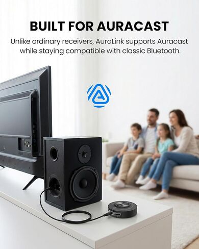 Avantree AuraLink – Future-Proof Auracast & Classic Bluetooth Receiver for Speakers & Audio System, 328ft Long Range, 20H Portable or Stationary Use, One-to-Many Multiple Broadcast Listening - Black in Saudi Arabia