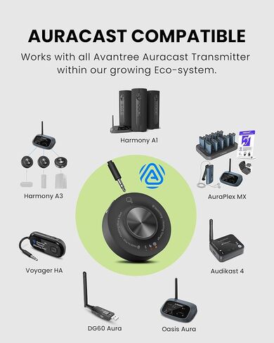 Avantree AuraLink – Future-Proof Auracast & Classic Bluetooth Receiver for Speakers & Audio System, 328ft Long Range, 20H Portable or Stationary Use, One-to-Many Multiple Broadcast Listening - Black in Saudi Arabia